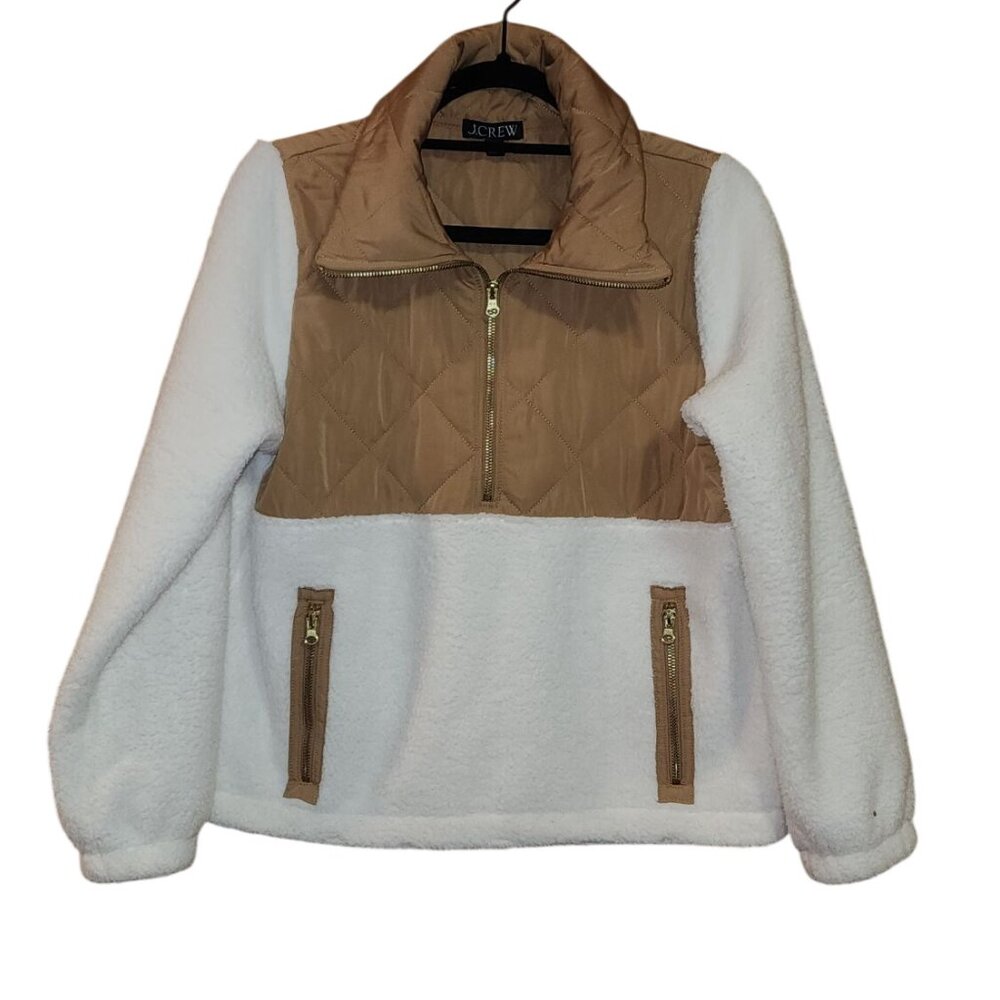 J. Crew Quilted Sherpa Fleece Half Zip Pullover Ivory Camel Gold Zip Size XS